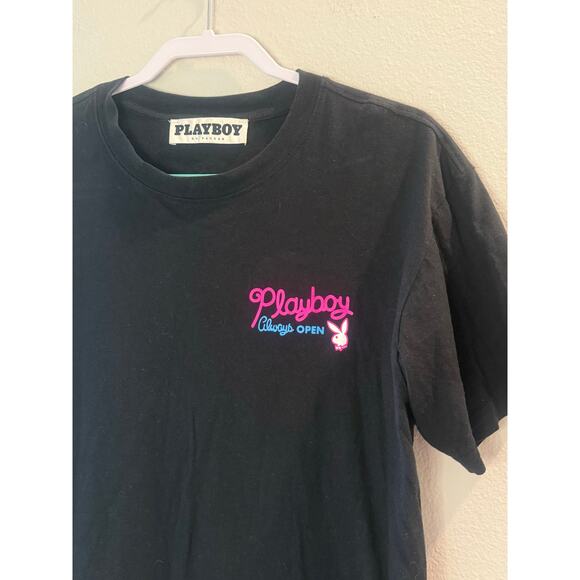 Playboy by PacSun Always Open Graphic Tee Sz M Black Neon Pink Blue Bunny Logo - Picture 3 of 6